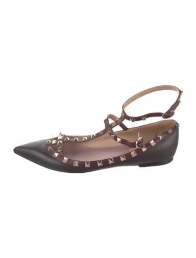 Pre-owned Valentino Garavani Rockstud Accents Leather Ballet Flats In Burgundy