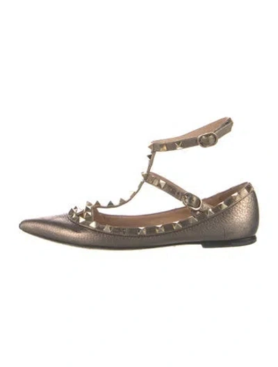 Pre-owned Valentino Garavani Rockstud Accents Leather Ballet Flats In Gold