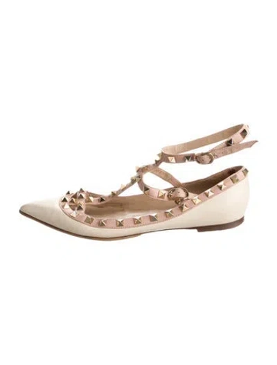 Pre-owned Valentino Garavani Rockstud Accents Leather Ballet Flats In Neutral