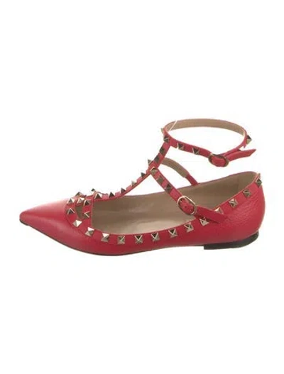 Pre-owned Valentino Garavani Rockstud Accents Leather Ballet Flats In Red