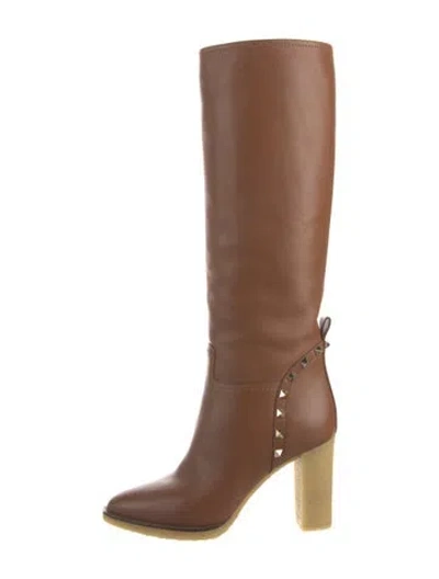 Pre-owned Valentino Garavani Rockstud Accents Leather Boots In Brown