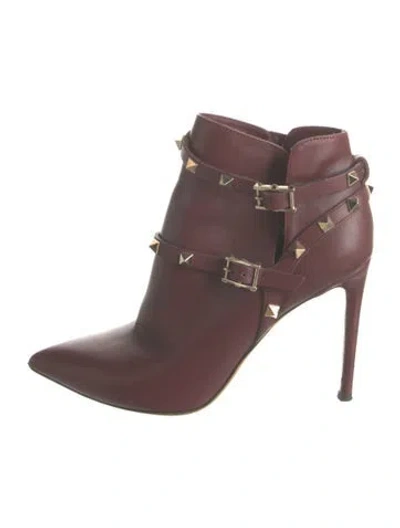 Pre-owned Valentino Garavani Rockstud Accents Leather Boots In Burgundy