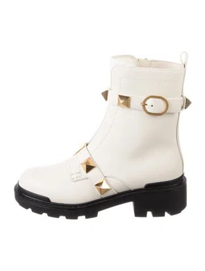 Pre-owned Valentino Garavani Rockstud Accents Leather Boots W/ Tags In Neutral