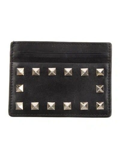 Pre-owned Valentino Garavani Rockstud Accents Leather Card Holder In Black