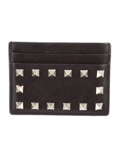 Pre-owned Valentino Garavani Rockstud Accents Leather Card Holder In Black