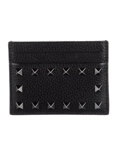Pre-owned Valentino Garavani Rockstud Accents Leather Card Holder In Black