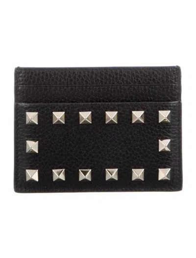 Pre-owned Valentino Garavani Rockstud Accents Leather Card Holder In Black
