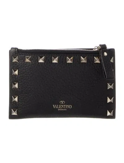 Pre-owned Valentino Garavani Rockstud Accents Leather Card Holder In Black