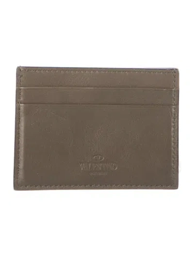 Pre-owned Valentino Garavani Rockstud Accents Leather Card Holder In Black/green
