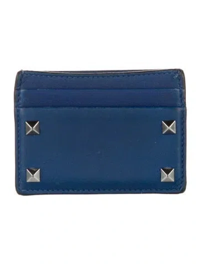 Pre-owned Valentino Garavani Rockstud Accents Leather Card Holder In Blue