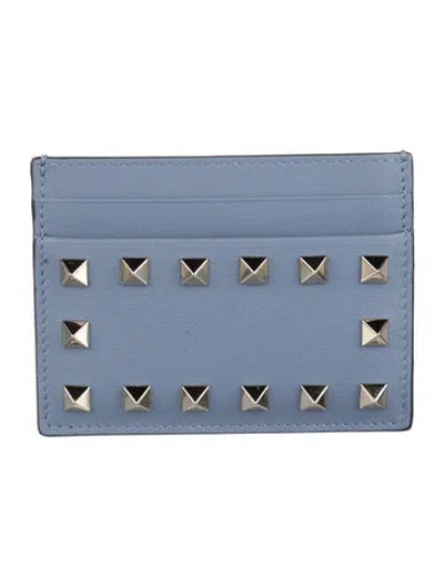 Pre-owned Valentino Garavani Rockstud Accents Leather Card Holder In Blue