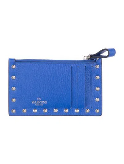 Pre-owned Valentino Garavani Rockstud Accents Leather Card Holder In Blue