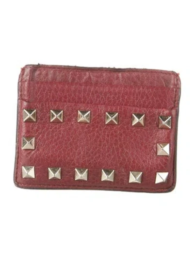 Pre-owned Valentino Garavani Rockstud Accents Leather Card Holder In Burgundy