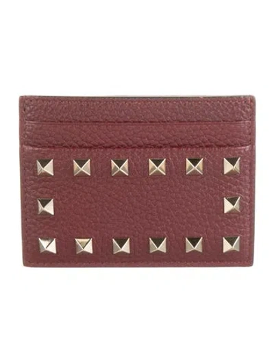 Pre-owned Valentino Garavani Rockstud Accents Leather Card Holder In Burgundy