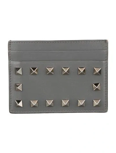 Pre-owned Valentino Garavani Rockstud Accents Leather Card Holder In Gray