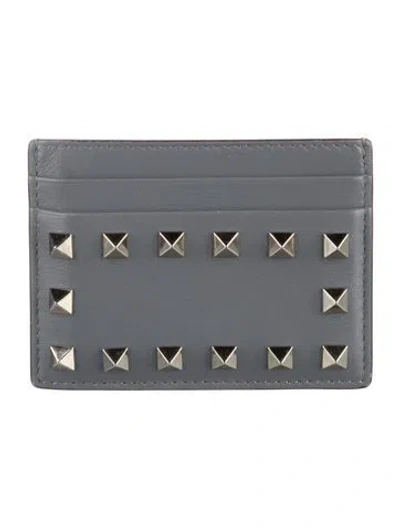 Pre-owned Valentino Garavani Rockstud Accents Leather Card Holder In Gray