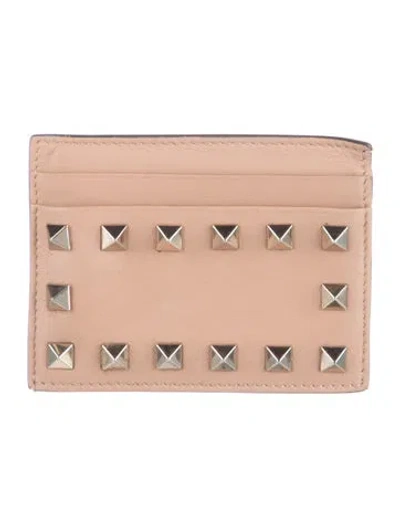 Pre-owned Valentino Garavani Rockstud Accents Leather Card Holder In Neutrals