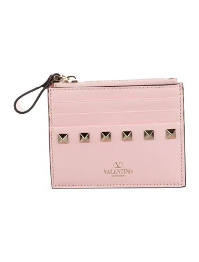 Pre-owned Valentino Garavani Rockstud Accents Leather Card Holder In Pink