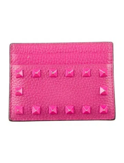 Pre-owned Valentino Garavani Rockstud Accents Leather Card Holder In Pink