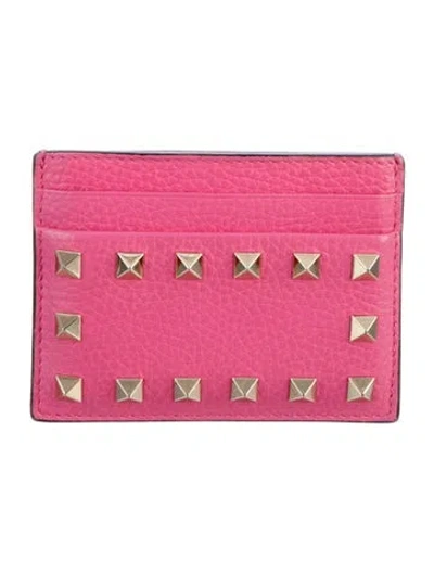 Pre-owned Valentino Garavani Rockstud Accents Leather Card Holder In Pink
