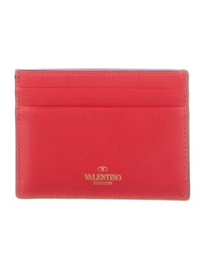 Pre-owned Valentino Garavani Rockstud Accents Leather Card Holder In Red