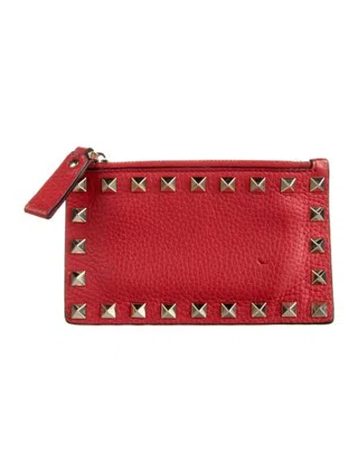 Pre-owned Valentino Garavani Rockstud Accents Leather Card Holder In Red