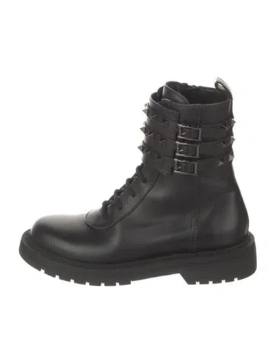 Pre-owned Valentino Garavani Rockstud Accents Leather Combat Boots In Black