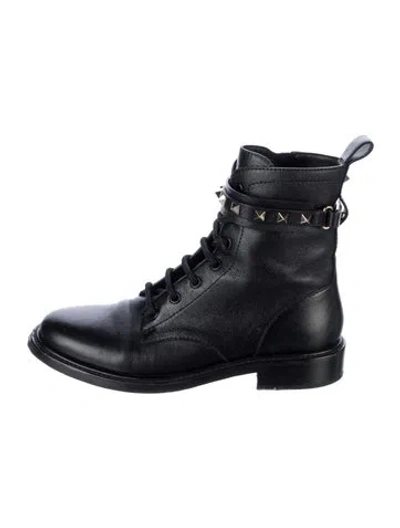 Pre-owned Valentino Garavani Rockstud Accents Leather Combat Boots In Black