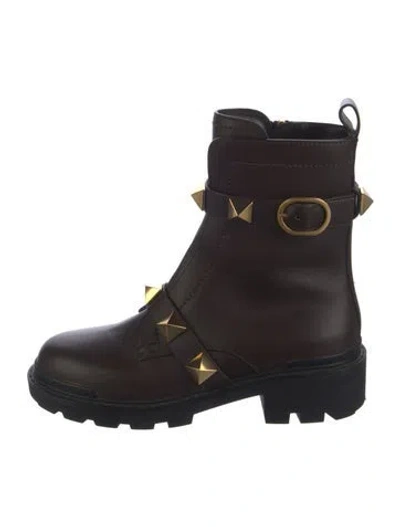 Pre-owned Valentino Garavani Rockstud Accents Leather Combat Boots In Black