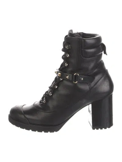 Pre-owned Valentino Garavani Rockstud Accents Leather Combat Boots In Black