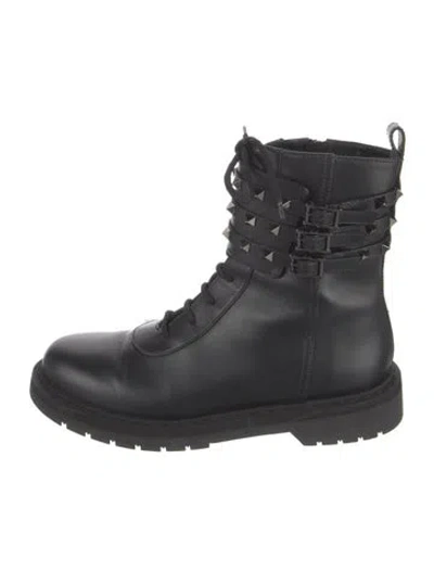 Pre-owned Valentino Garavani Rockstud Accents Leather Combat Boots In Black