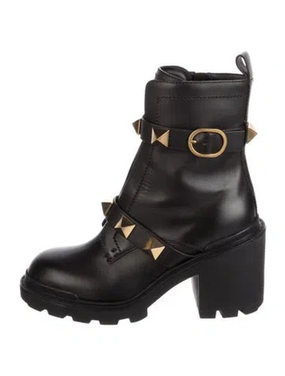 Pre-owned Valentino Garavani Rockstud Accents Leather Combat Boots In Black