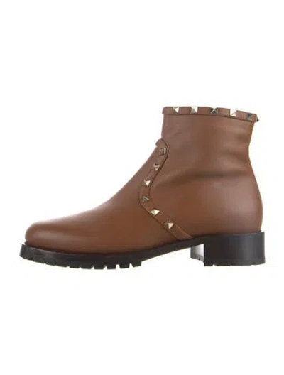 Pre-owned Valentino Garavani Rockstud Accents Leather Combat Boots In Brown