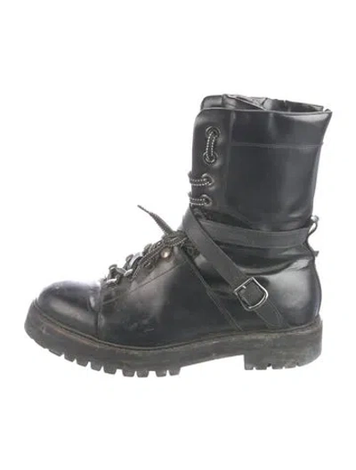 Pre-owned Valentino Garavani Rockstud Accents Leather Combat Boots In Gray