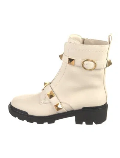Pre-owned Valentino Garavani Rockstud Accents Leather Combat Boots In Neutrals