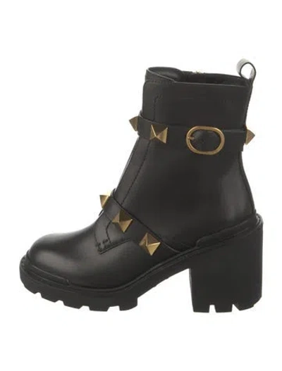Pre-owned Valentino Garavani Rockstud Accents Leather Combat Boots W/ Tags In Black
