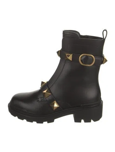 Pre-owned Valentino Garavani Rockstud Accents Leather Combat Boots W/ Tags In Black