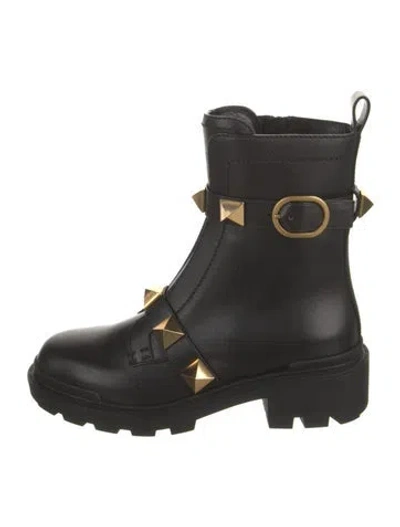 Pre-owned Valentino Garavani Rockstud Accents Leather Combat Boots W/ Tags In Black