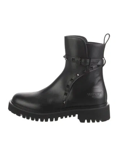 Pre-owned Valentino Garavani Rockstud Accents Leather Combat Boots W/ Tags In Black