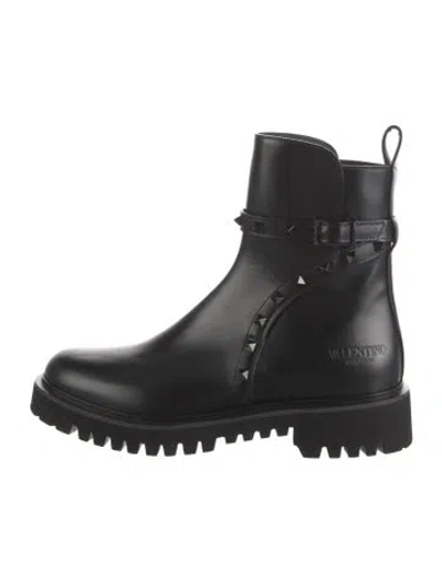 Pre-owned Valentino Garavani Rockstud Accents Leather Combat Boots W/ Tags In Black