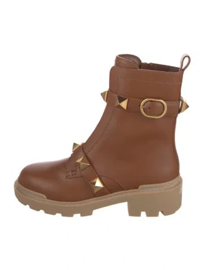 Pre-owned Valentino Garavani Rockstud Accents Leather Combat Boots W/ Tags In Brown