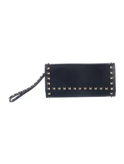 Pre-owned Valentino Garavani Rockstud Accents Leather Compact Wallet In Black