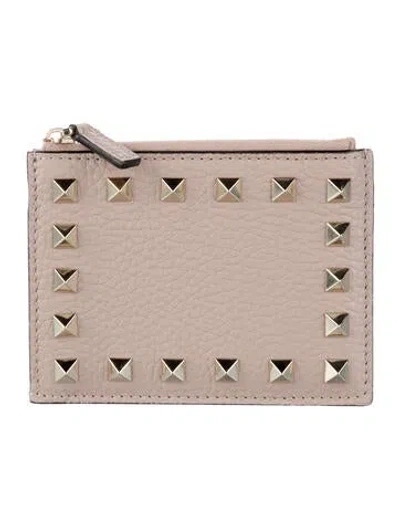Pre-owned Valentino Garavani Rockstud Accents Leather Compact Wallet In Neutral