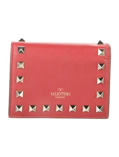 Pre-owned Valentino Garavani Rockstud Accents Leather Compact Wallet In Red