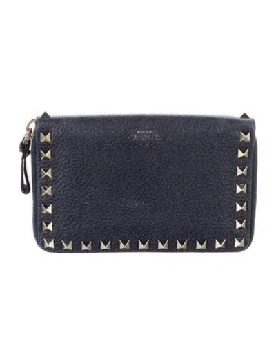 Pre-owned Valentino Garavani Rockstud Accents Leather Continental Wallet In Blue