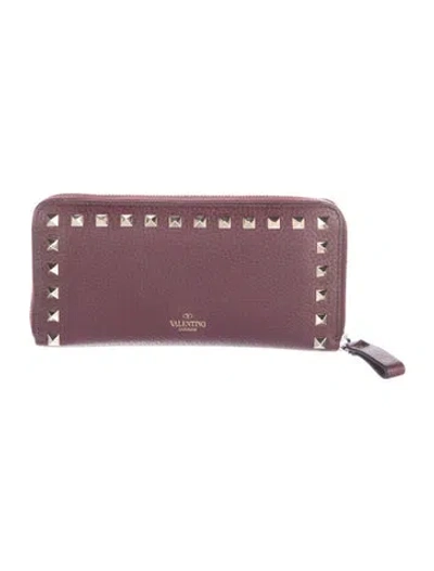 Pre-owned Valentino Garavani Rockstud Accents Leather Continental Wallet In Burgundy