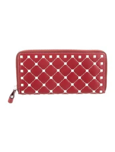 Pre-owned Valentino Garavani Rockstud Accents Leather Continental Wallet In Red