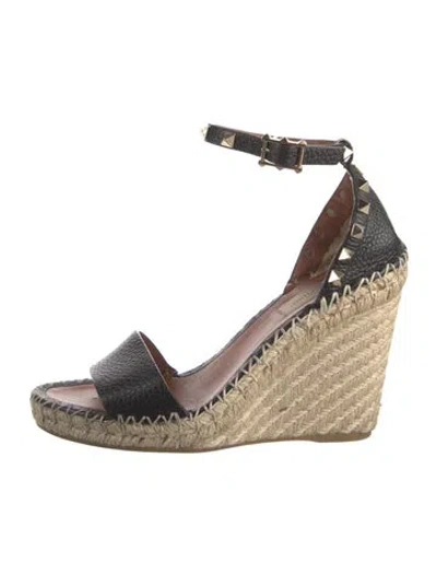 Pre-owned Valentino Garavani Rockstud Accents Leather Espadrilles In Black