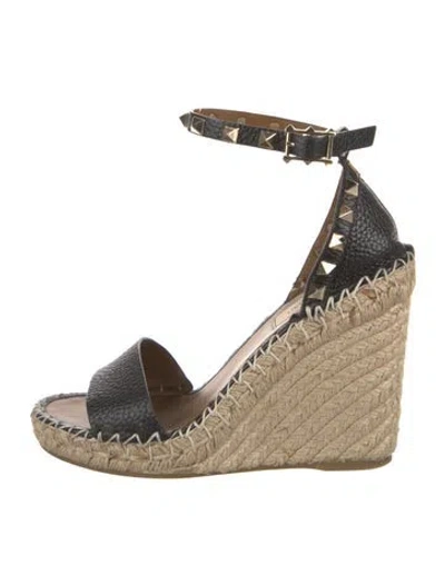 Pre-owned Valentino Garavani Rockstud Accents Leather Espadrilles In Black