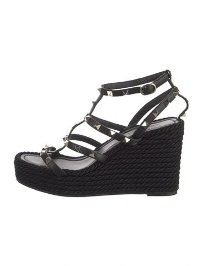 Pre-owned Valentino Garavani Rockstud Accents Leather Espadrilles In Black